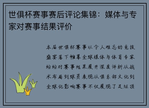 世俱杯赛事赛后评论集锦：媒体与专家对赛事结果评价