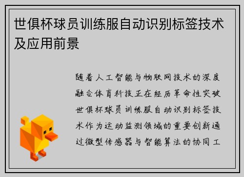世俱杯球员训练服自动识别标签技术及应用前景