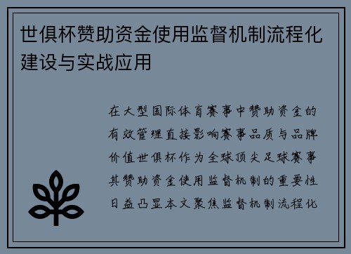 世俱杯赞助资金使用监督机制流程化建设与实战应用